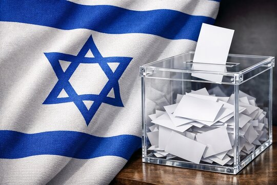 Close-up Israeli flag beside ballot box during election day