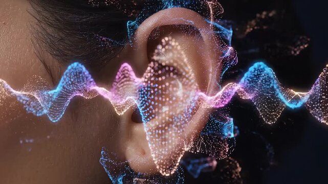 Human ear with colorful energy patterns for commercial backgrounds, digital design, and advertising