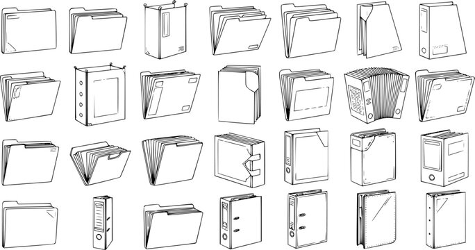 Office and Business Documentation Icons Set: Hand-Drawn Black  White Line Art Vector Collection of Files, Folders, and Binders for Administration, Finance, and Education