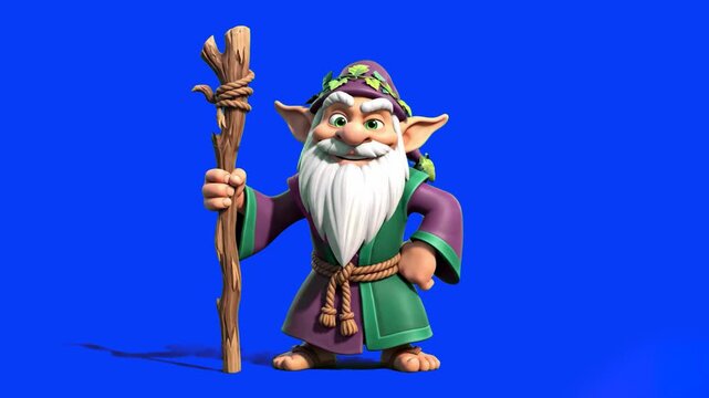 A detailed 3D animated fantasy druid character with a long white beard, green robes, and a wooden staff, standing confidently against a solid blue backdrop.