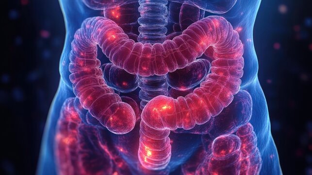 Translucent torso revealing inflamed large intestine and colon with glowing red lesions and irritated bowel segments, conveying clinical urgency and concern