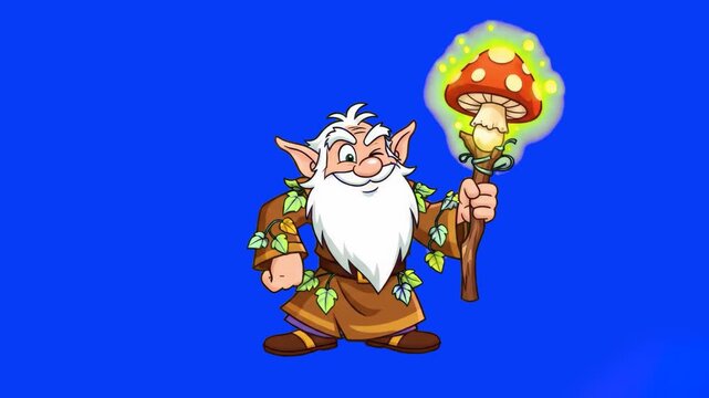 A detailed 2D animated fantasy druid character with a long white beard, green robes with leaves, and a staff topped with a glowing mushroom, standing on a solid blue backdrop.