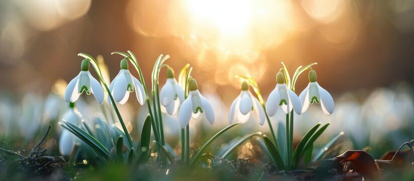 Delicate white snowdrop flowers bending over green leaves at sunrise with warm golden bokeh, dew-kissed ground and a peaceful hopeful mood