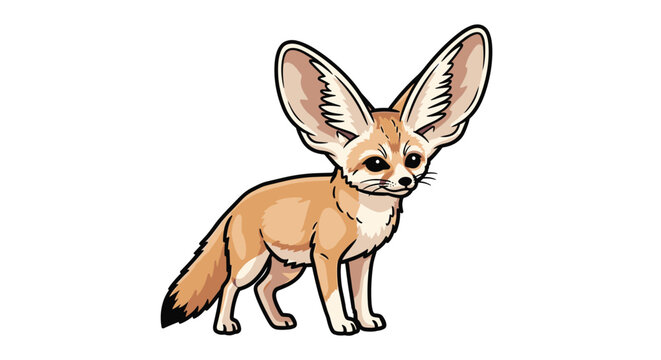 Adorable full-body illustration of a small fennec fox standing alertly with oversized pointed ears and a thick bushy tail against a plain white background.