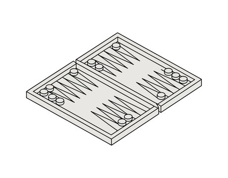 A detailed illustration of a backgammon board with pieces on a plain background