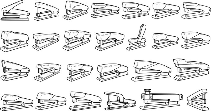 Office Stationery Black and White Line Art Vector Set of Staplers. Diverse Collection of Business and School Supplies for Paperwork, Education, and Desktop Essentials in Outline Style.