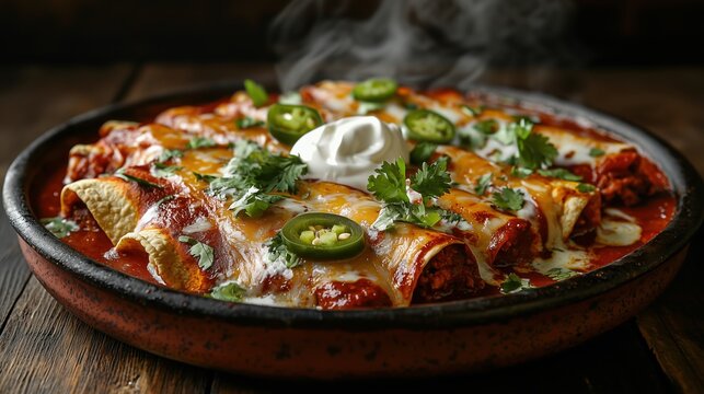 National Enchilada Day: shot of freshly baked beef enchiladas smothered in rich red chili sauce, melted cheddar cheese bubbling on top, garnished with sour cream, fresh cilantro