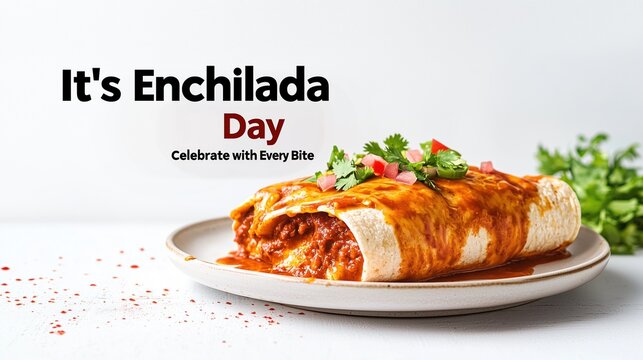 Minimalist modern banner for National Enchilada Day, clean white background with a single perfectly plated enchilada in center, simple bold black sans-serif typography "It's Enchilada Day" 