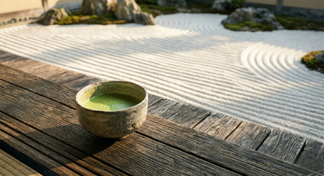 Traditional matcha tea bowl on a wooden veranda overlooking a zen garden