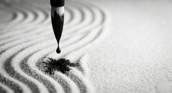 Calligraphy brush dripping black ink onto white zen garden sand