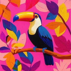 Obraz premium colorful toucan perched on tropical branch surrounded by vibrant multicolored leaves on bright pink background, cheerful playful mood