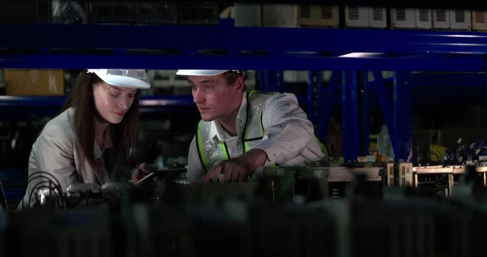 Robotic engineer check components on shelf, evaluate quality, functionality, suitability, compatibility for integration into larger robotic systems. Ensuring every component meets standards required
