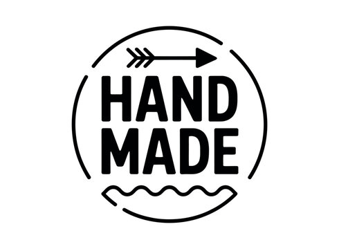 A black and white logo with the words 'hand made' in a circular design