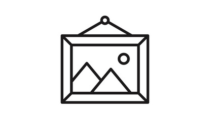Framed landscape picture icon vector illustration, minimalist black line art symbol of a hanging wall art frame with mountains and sun, scalable graphic for interior design and gallery apps. © Pollobe