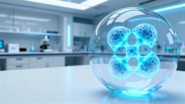 Abstract holographic sphere showcasing cellular mitosis in a modern science laboratory setting siyam