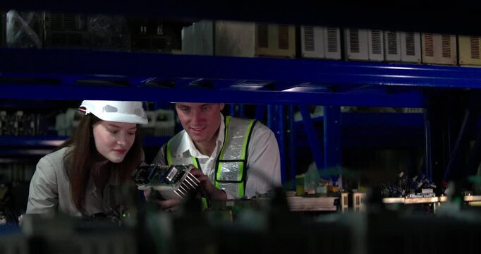 Robotic engineer check components on shelf, evaluate quality, functionality, suitability, compatibility for integration into larger robotic systems. Ensuring every component meets standards required
