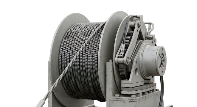 Large steel cable winch drum with thick cable wound tightly heavy duty industrial equipment machinery part industrial machinery