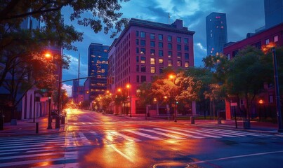 Obraz premium empty wet city street at dusk with glowing orange streetlights reflecting on shiny pavement, mid-rise and high-rise buildings, trees and crosswalk, quiet moody atmosphere