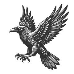 Obraz premium raven in flight with wings spread, showcasing feathers, motion, and dramatic gothic wildlife style sketch engraving generative ai raster illustration. Scratch board imitation. Black and white image.
