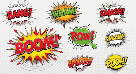 Comic book explosion and crash sound effects in vibrant colors displayed. © Death