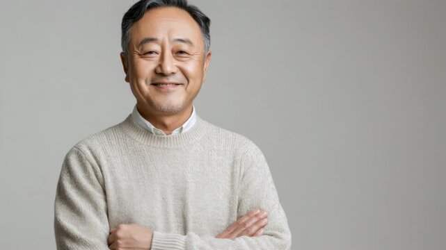 Portrait of a happy middle-aged asian man with arms crossed smiling at the camera