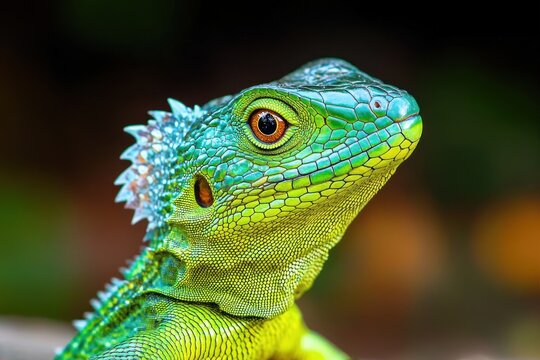 Vibrant green lizard head close-up with textured scales, spiky crest and bright orange eye showing an alert curious expression against a blurred background