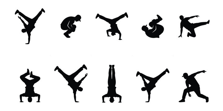 Breakdance silhouette vector collection, 10 hip hop dancer silhouettes in action poses, urban street dance performers, athletic b-boy movement set