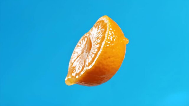 A vibrant 3D animation of a fresh orange slice with a glistening juice droplet. Isolated on a bright blue background, this asset features high-quality textures and realistic lighting, ideal for food, 