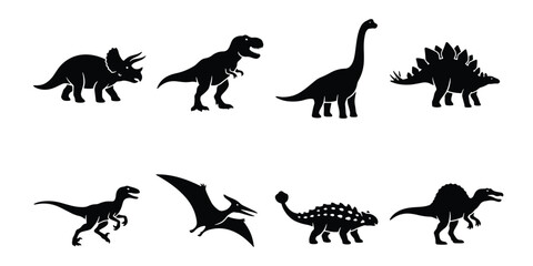 Dinosaur silhouette collection with 8 vector icons, prehistoric animal shapes including T-Rex and Triceratops, black dinosaur silhouettes for educational design © Taslima