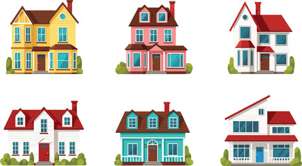 Fototapeta premium Colorful Residential Houses Collection Featuring Modern and Classic Home Designs, Suburban Architecture, and Exterior Building Styles for Real Estate in Flat Vector Illustration.