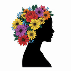 Profile Silhouette of Woman Wearing Colorful Flower Crown. Vibrant Spring/Summer Floral Head Wreath Illustration. © Ridwan