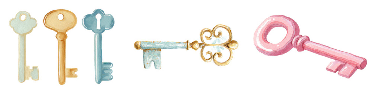 Watercolor vintage keys set with antique decorative and colorful key illustrations isolated on white background