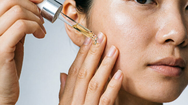 Golden skincare serum drop enhances radiant beauty with natural self-care.