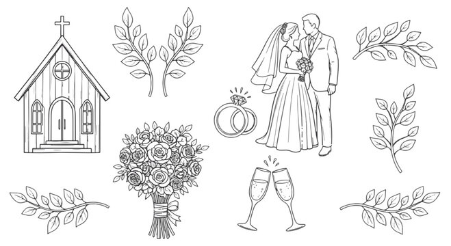 Wedding Ceremony Scene with Couple Church Flowers and Champagne Toast