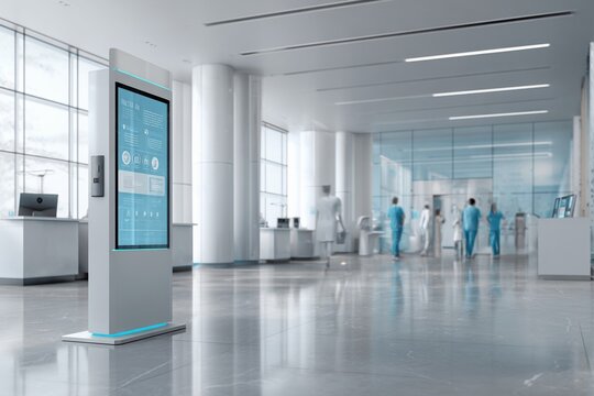 Futuristic Hospital Lobby with AI Information Kiosk and Modern Interior