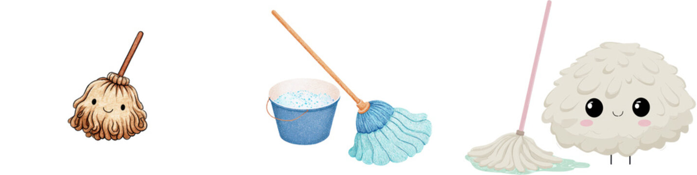 Cute mop characters with bucket and floor mop in whimsical hand drawn cleaning tools illustration set