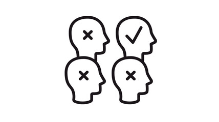 Human resources recruitment vector icon with four head silhouettes, one featuring a checkmark and three with crosses, symbolizing candidate selection, hiring process, and talent acquisition. © MDABUOBAIDA