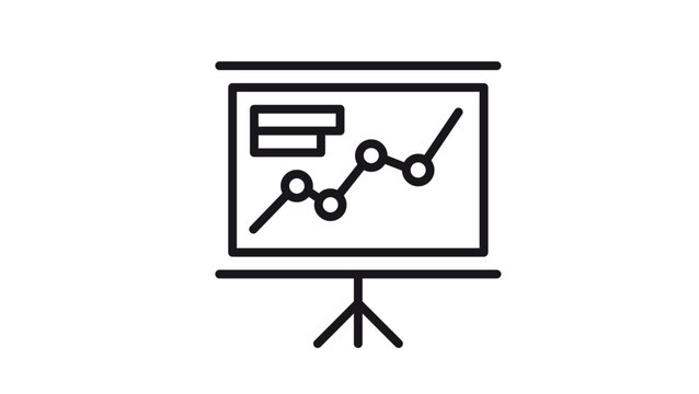 Black line vector icon of a presentation screen on a tripod stand, displaying a line chart with data points and horizontal bars, representing business growth, data analytics, and reports.