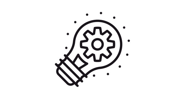 Innovation and engineering concept vector icon featuring a light bulb with a gear inside. Black minimalist line art illustration for creative thinking, technology, and industrial development.