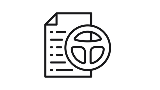 Driver's License and Vehicle Registration Document Vector Icon. Minimalist Black Line Illustration of a Steering Wheel and Paper for Car Insurance, Automotive Paperwork, and Transport Apps.