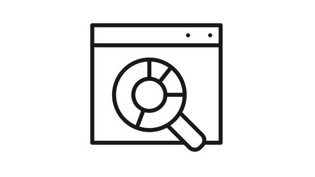 Black line vector icon illustration of a web browser window showing a pie chart being analyzed with a magnifying glass, representing SEO, data research, and website analytics concepts.