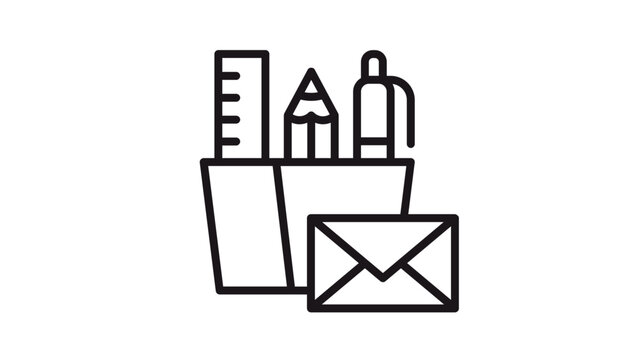 Minimalist black vector icon illustration of office supplies including a pencil holder with a ruler, pencil, and pen, paired with a mail envelope for business communication and stationery needs.