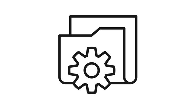 Minimalist black outline vector icon illustration of stacked document folders with a gear cog symbol, ideal for representing file management, system settings, and directory configuration.