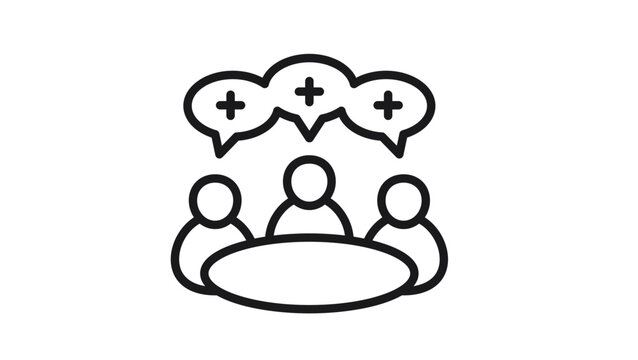 Positive business meeting and team collaboration vector icon featuring three people at a round table with plus sign speech bubbles, representing constructive brainstorming and group discussion.