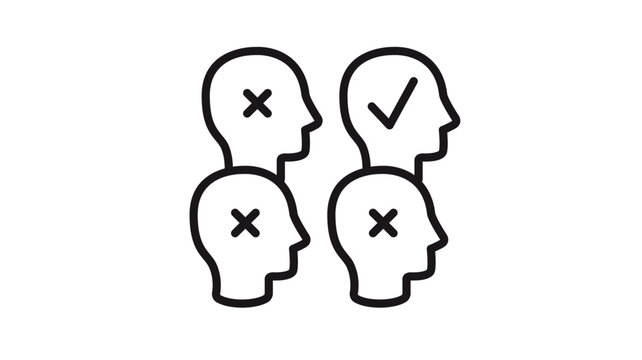 Human resources recruitment vector icon with four head silhouettes, one featuring a checkmark and three with crosses, symbolizing candidate selection, hiring process, and talent acquisition.