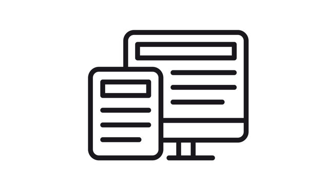 Black vector icon illustration of responsive web design featuring a desktop computer monitor and a mobile tablet device with simplified layout elements for UI/UX and digital technology concepts.