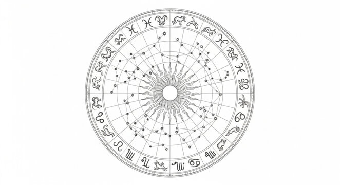 Astrology Zodiac Wheel Chart with Symbols and Constellations.