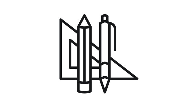 Flat Ink Emblem Depicting a Set Square, Triangle Ruler, and Writing Instruments Grouped Together, Evoking Architectural Drafting, Precision Geometry, Academic Study, and Professional Creative Practice