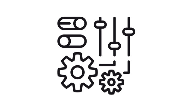 Black vector icon illustration of settings and configuration interface with gears, sliders, and toggle switches, minimalist symbol for control panel, customization, and system management tools.