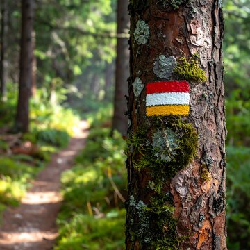 A tree trunk with a red, white, and yellow mark in a forest